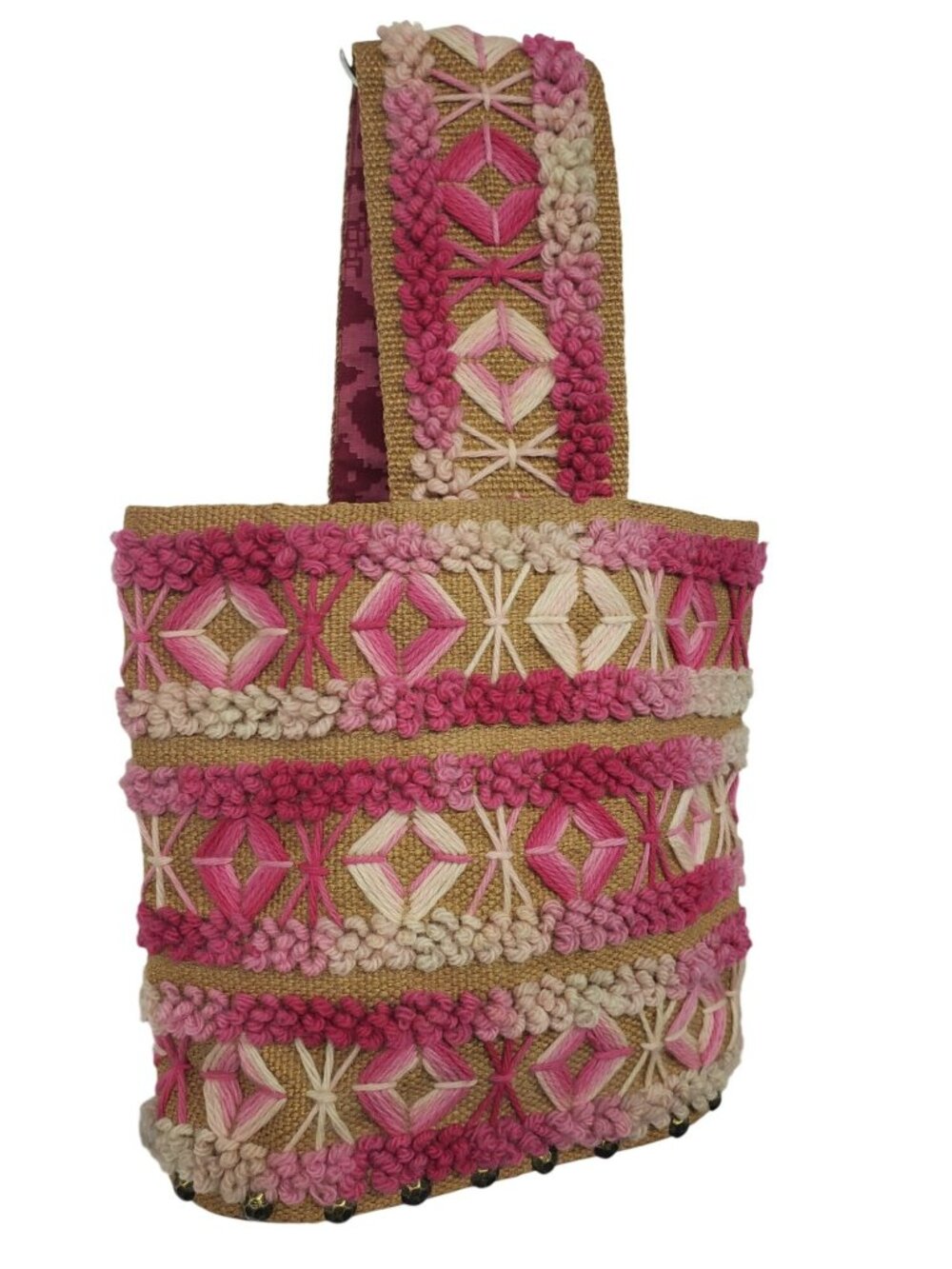 Vintage Burlap Handbag Purse Pink Yarn Embroidery Boho 70s Wood Bottom